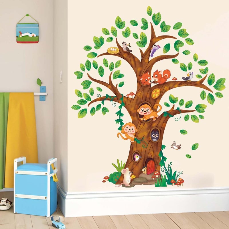 ARS Animals Tree Wall Stickers for Kids: Peel and Stick Woodland Squirrel Monkey Owl Bird Hedgehog Wall Decals - Wall Decor Art Toddler Supplies Ages 1-12 Years - Image 1