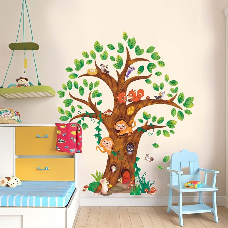 ARS Animals Tree Wall Stickers for Kids: Peel and Stick Woodland Squirrel Monkey Owl Bird Hedgehog Wall Decals - Wall Decor Art Toddler Supplies Ages 1-12 Years - Image 2