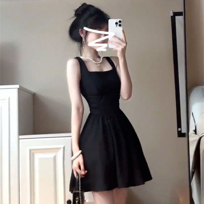 French High-end Hepburn Style Black Sling dress Childrens Summer 2024 New Style Small Elegant Skirt Black