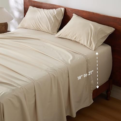 Bedsure Bedsure Deep Pocket Queen Sheets Set  Fits Mattresses Up to 21 Inches Thick  4 Piece GentleSoft Bed Sheets Moisture Wicking Soft  Cooling Bedsheet  Pillowcases Easy  Secure Fit Beige 