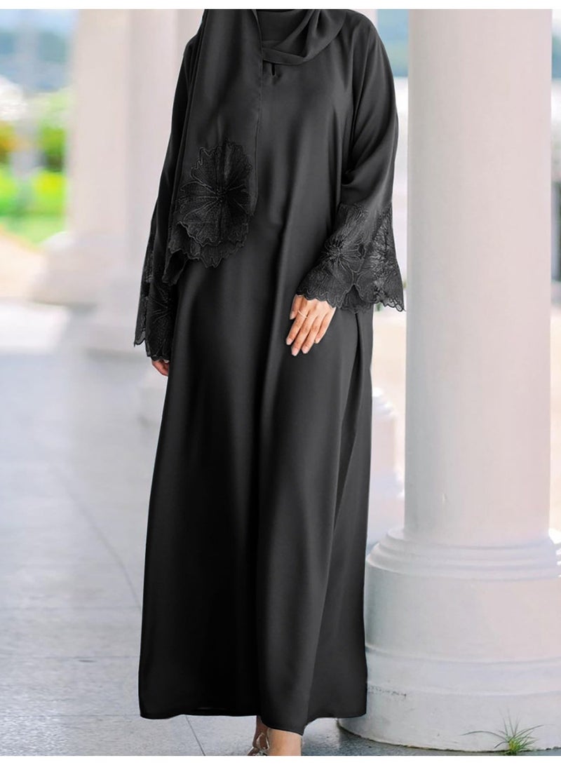 2 قطعة - فستان روب نسائي بلون صلب مع التطريز الزهري وحواف من الدانتيل مع غطاء رأس مطابق - Image 1
