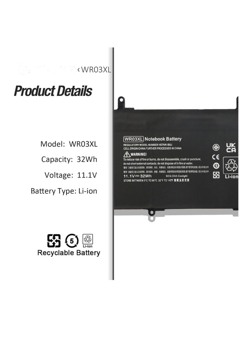 11.1V 32Wh/3-Cell WR03XL Laptop battery compatible for HP Split 13 x2 13-m 13-m000 13-m100 13-m200 Detachable Pavilion 13 x2 AMD 13-p 13-p000 13-p100 2-in-1 Tablet Series 13-m100la 13-m210dx