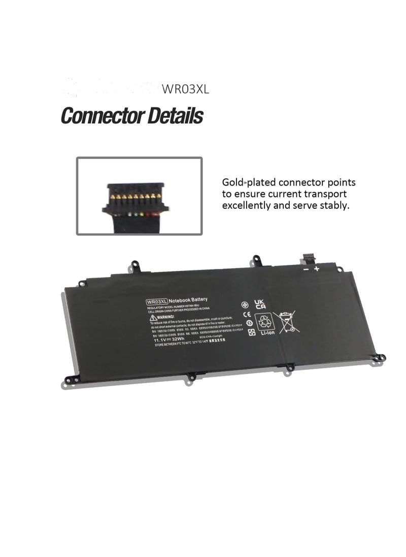 11.1V 32Wh/3-Cell WR03XL Laptop battery compatible for HP Split 13 x2 13-m 13-m000 13-m100 13-m200 Detachable Pavilion 13 x2 AMD 13-p 13-p000 13-p100 2-in-1 Tablet Series 13-m100la 13-m210dx