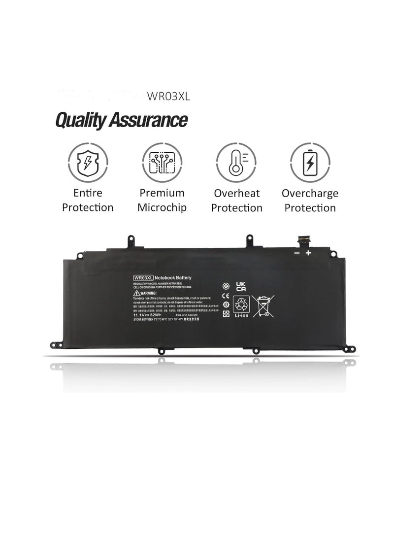 11.1V 32Wh/3-Cell WR03XL Laptop battery compatible for HP Split 13 x2 13-m 13-m000 13-m100 13-m200 Detachable Pavilion 13 x2 AMD 13-p 13-p000 13-p100 2-in-1 Tablet Series 13-m100la 13-m210dx