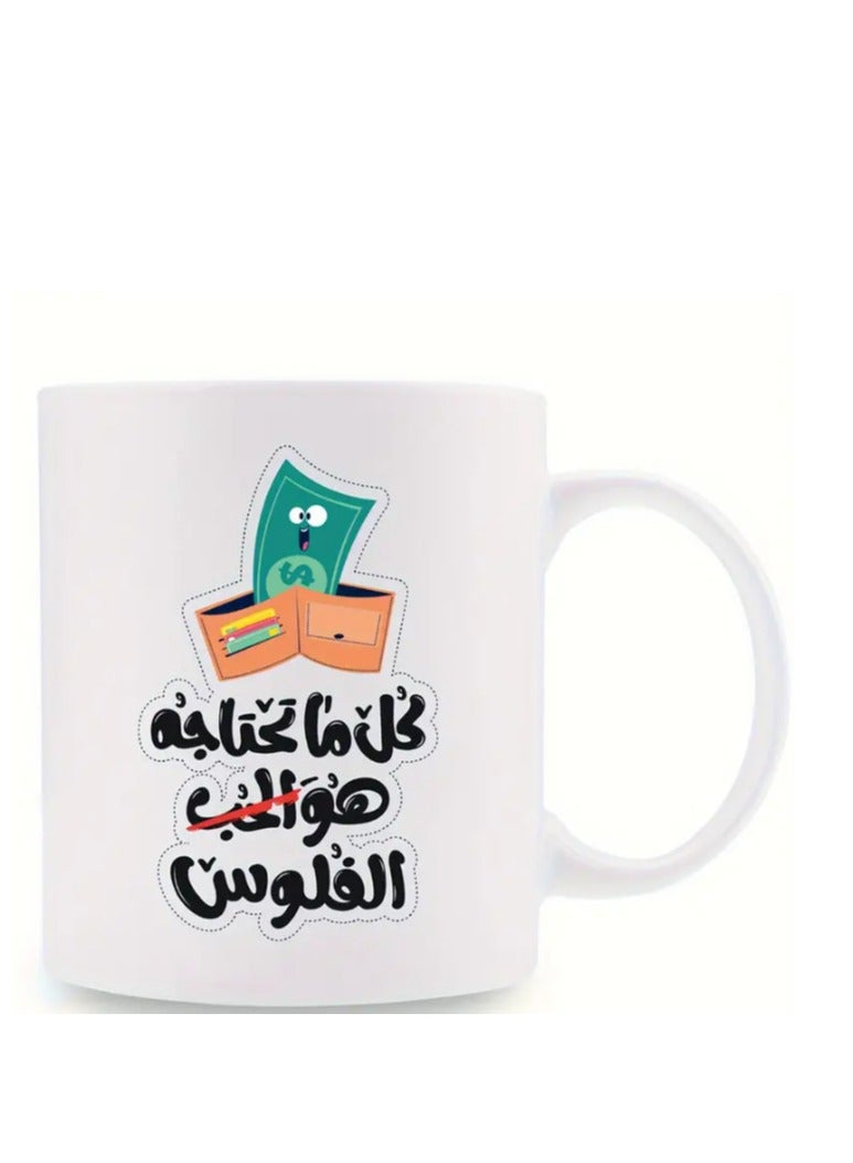 RYN Funny Arabic Quote "All You Need is Money" 11oz Ceramic Mug Humorous Wallet & Dollar Bill Design Coffee Mug  - Image 1