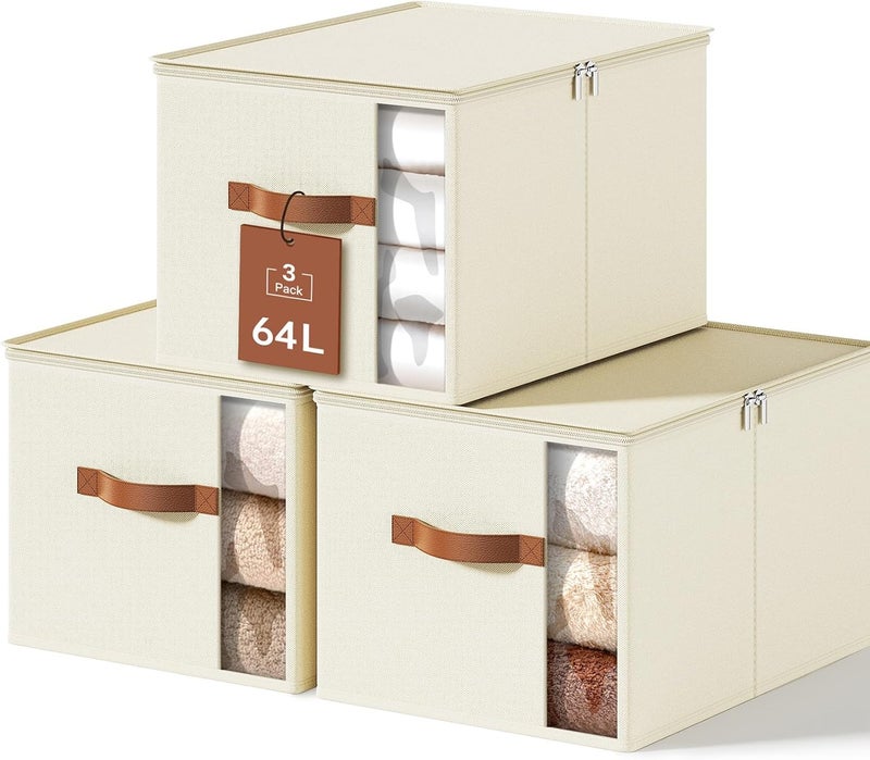 KitHero Large Clothes Storage Bins with Sturdy Frame, Foldable Clothing Organizer Box, Sweater Storage Cube with Lids and Zipper, Fabric Bedding Storage Bags for Blankets, Seasonal Clothes, Comforter - Image 1