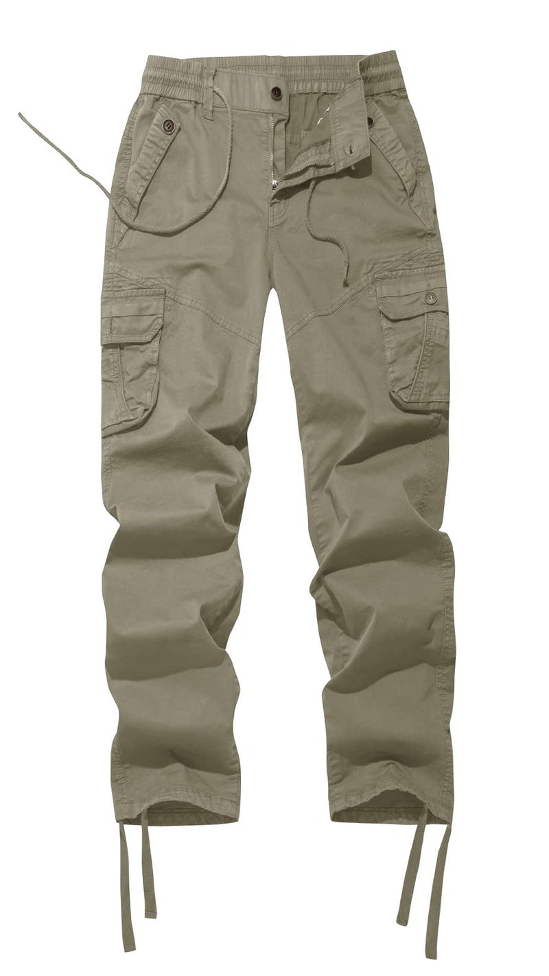FOURSTEEDS Womens Mid Waist Cotton Regular Fit Solid Color Working Outdoor Drawstring Straight Leg Cargo Pants Khaki M