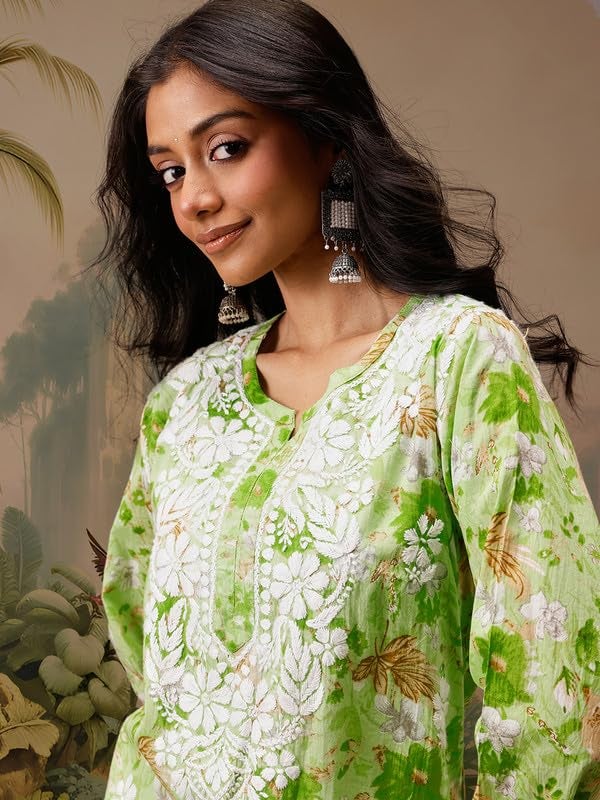 Ada Hand Embroidered Lucknowi Chikankari Printed Cotton Short Kurti Top Tunic for Women A911458 Green (L) - Image 5