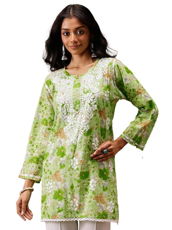 Ada Hand Embroidered Lucknowi Chikankari Printed Cotton Short Kurti Top Tunic for Women A911458 Green (L) - Image 1