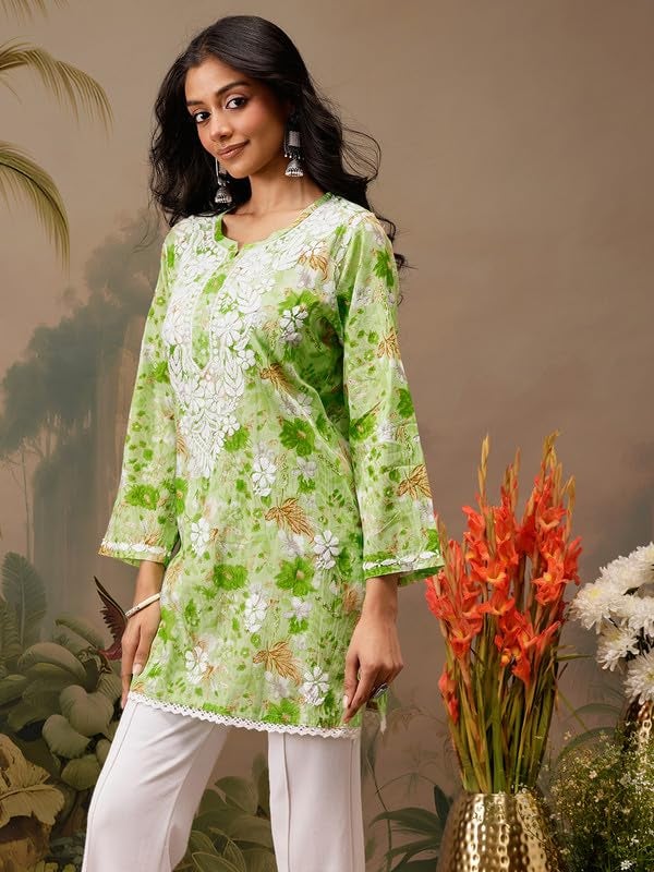 Ada Hand Embroidered Lucknowi Chikankari Printed Cotton Short Kurti Top Tunic for Women A911458 Green (L) - Image 4