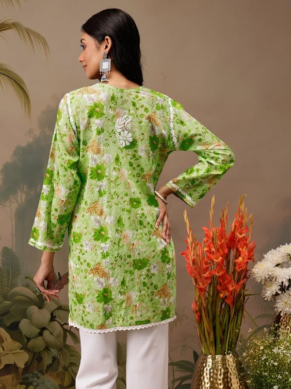 Ada Hand Embroidered Lucknowi Chikankari Printed Cotton Short Kurti Top Tunic for Women A911458 Green (L) - Image 2