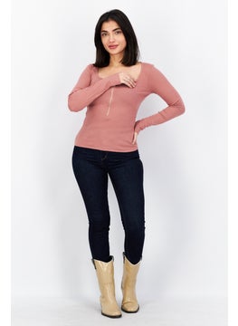 NA-KD Women Scoop Neck Long Sleeves Plain Blouse, Dusty Pink  - Image 4