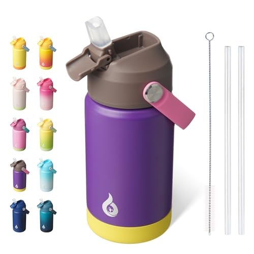 BJPKPK Insulated Water Bottle with Straw Lid 12oz Thermo Water Bottles with Soft Nozzle Flex Handle Nonslip Boot BPA Free Leak Proof Stainless Steel Metal Thermo Tumblers CupsViolet - Image 1