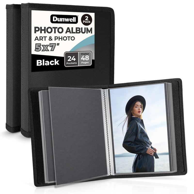 Dunwell Small Photo Album 5x7 (2-Pack, Black), Mounting Paper 5 x 7 Photo & Art Portfolio Presentation Binder, 24 Sleeves Displays 48 Pages, Professional Picture Book for 5x7 Artwork, Postcards - Image 1