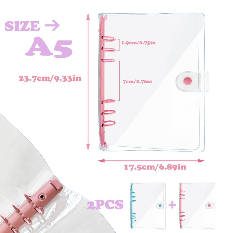 DY.2ten 2 Pack A5 Transparent Ring Binder Folders, Soft Notebook Planner Folder PVC Cover, 6 Ring Binder Refillable (Pink/Blue A5) - Image 2