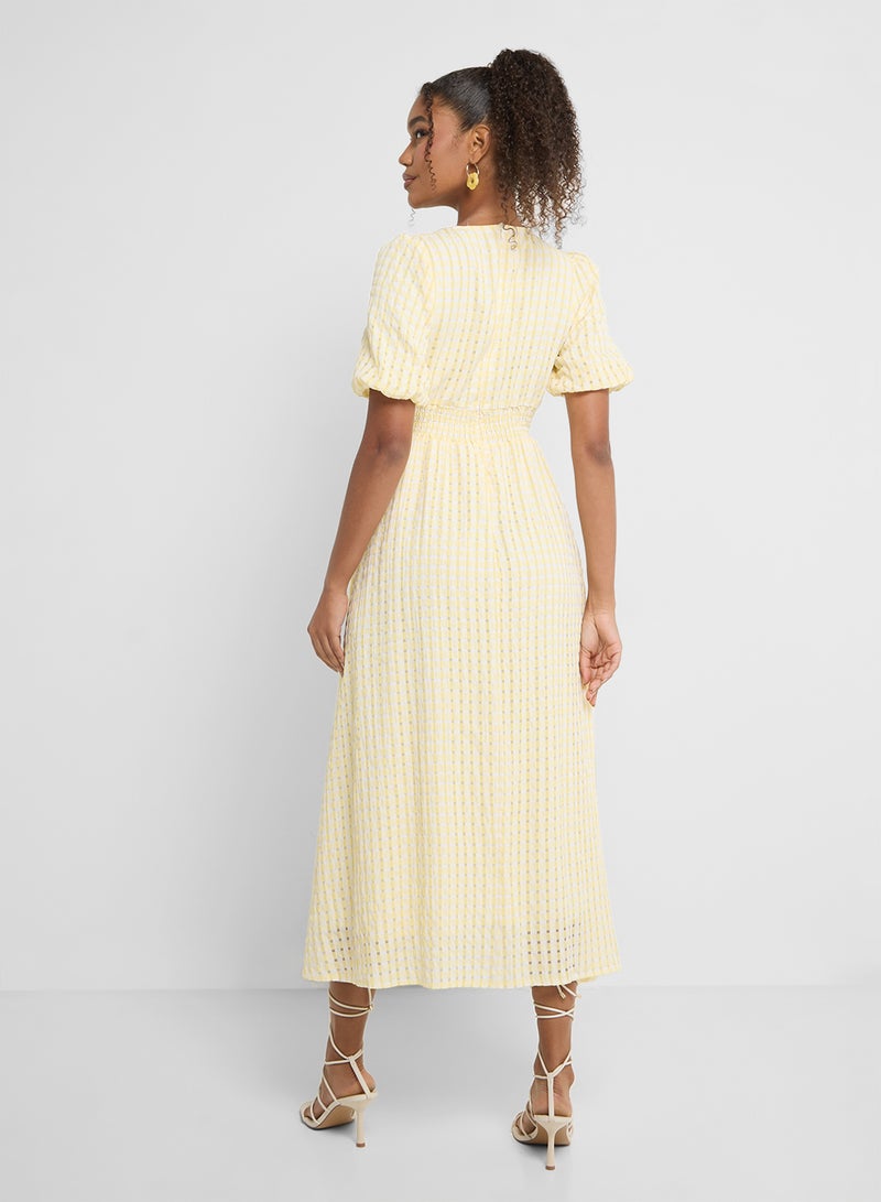 جينجر فستان ميدي بياقة  وأكمام منفوشة وخصر محدد - Image 2