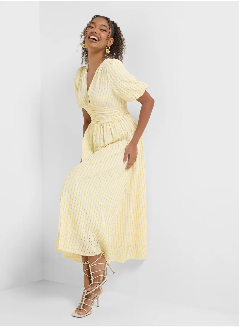 Ginger Puff Sleeves V Neck Clinched Waist Midi Dress