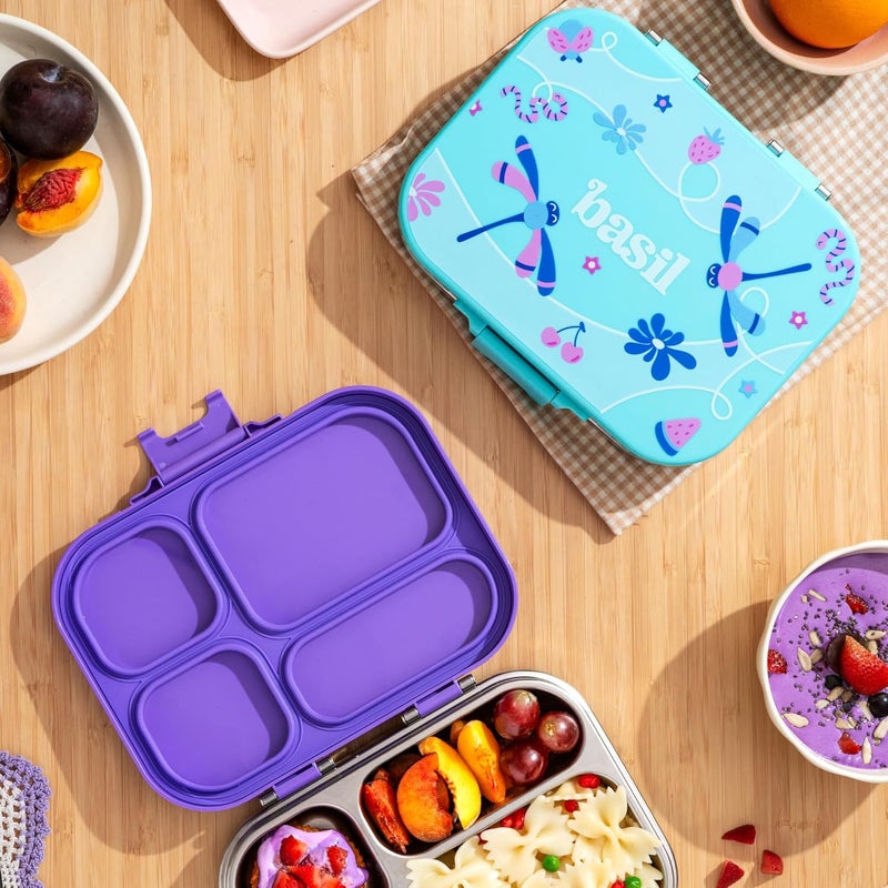 BASIL Bento Box Quad - 4 Compartment Stainless Steel Lunch Box with BPA-Free Plastic Lid | 800 ml Leak-Proof Tiffin Box for Kids & Adults | Premium School, Office, and Picnic Lunch Box - Teal Garden - Image 3