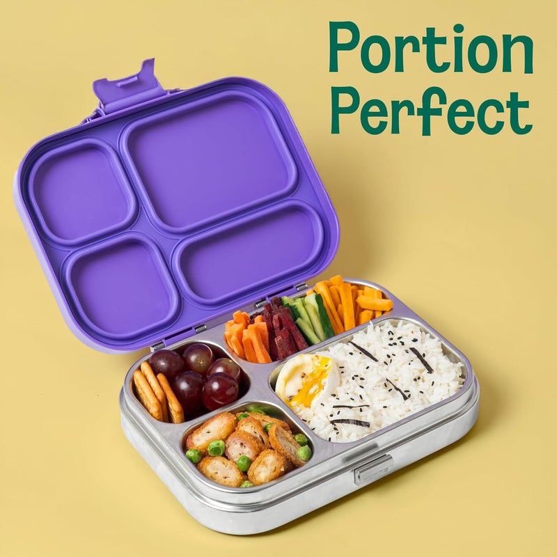 BASIL Bento Box Quad - 4 Compartment Stainless Steel Lunch Box with BPA-Free Plastic Lid | 800 ml Leak-Proof Tiffin Box for Kids & Adults | Premium School, Office, and Picnic Lunch Box - Teal Garden - Image 2