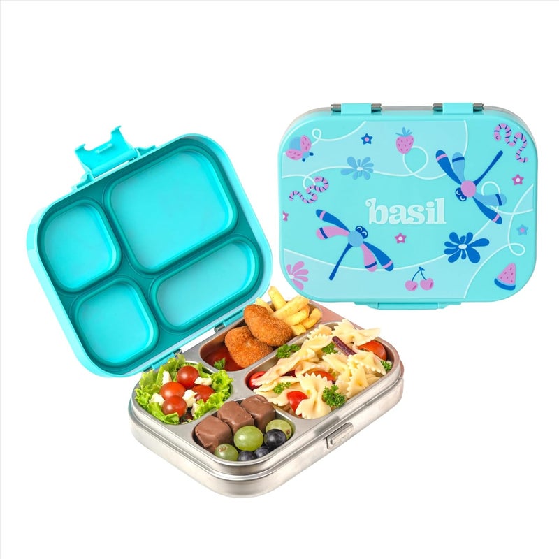 BASIL Bento Box Quad - 4 Compartment Stainless Steel Lunch Box with BPA-Free Plastic Lid | 800 ml Leak-Proof Tiffin Box for Kids & Adults | Premium School, Office, and Picnic Lunch Box - Teal Garden - Image 1
