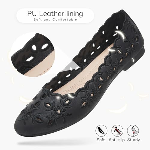 Shupua Women's Comfortable Dress Shoes Slip on Shoes Black Flats Round Toe PU Leather Flats Summer with Floral Eyelets (Black, US7) - Image 4