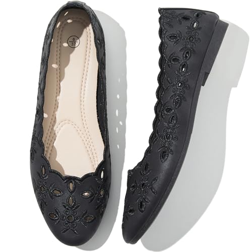 Shupua Women's Comfortable Dress Shoes Slip on Shoes Black Flats Round Toe PU Leather Flats Summer with Floral Eyelets (Black, US7) - Image 1