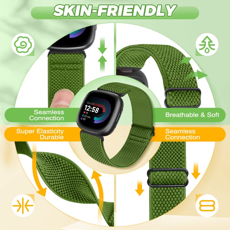 Vodtian 4 Pack Elastic Bands Compatible for Fitbit Versa 4/3 / Sense 2, Adjustable Nylon Stretchy Replacement Sport Loop Straps for Women Men - Image 2