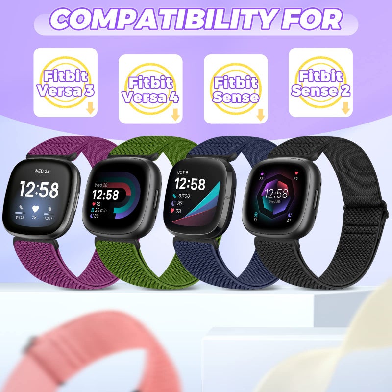 Vodtian 4 Pack Elastic Bands Compatible for Fitbit Versa 4/3 / Sense 2, Adjustable Nylon Stretchy Replacement Sport Loop Straps for Women Men - Image 3
