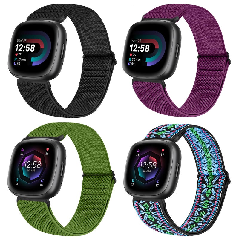 Vodtian 4 Pack Elastic Bands Compatible for Fitbit Versa 4/3 / Sense 2, Adjustable Nylon Stretchy Replacement Sport Loop Straps for Women Men - Image 1