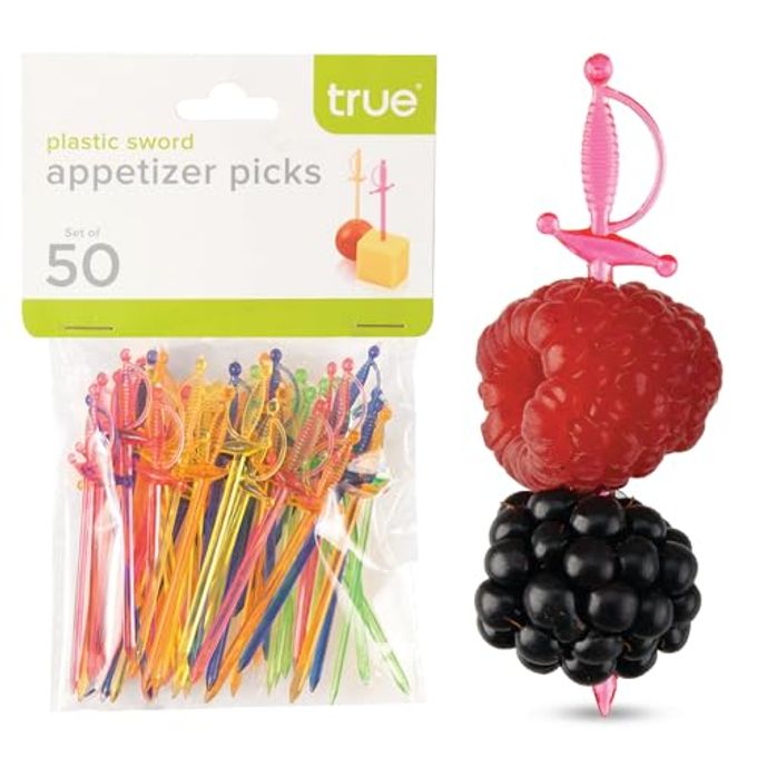 True Spear Appetizer Picks, Mini Sword Toothpicks Plastic, Cocktail Swords Skewers for Drinks, Desserts Birthday Party Supplies, Set of 50, Multicolor