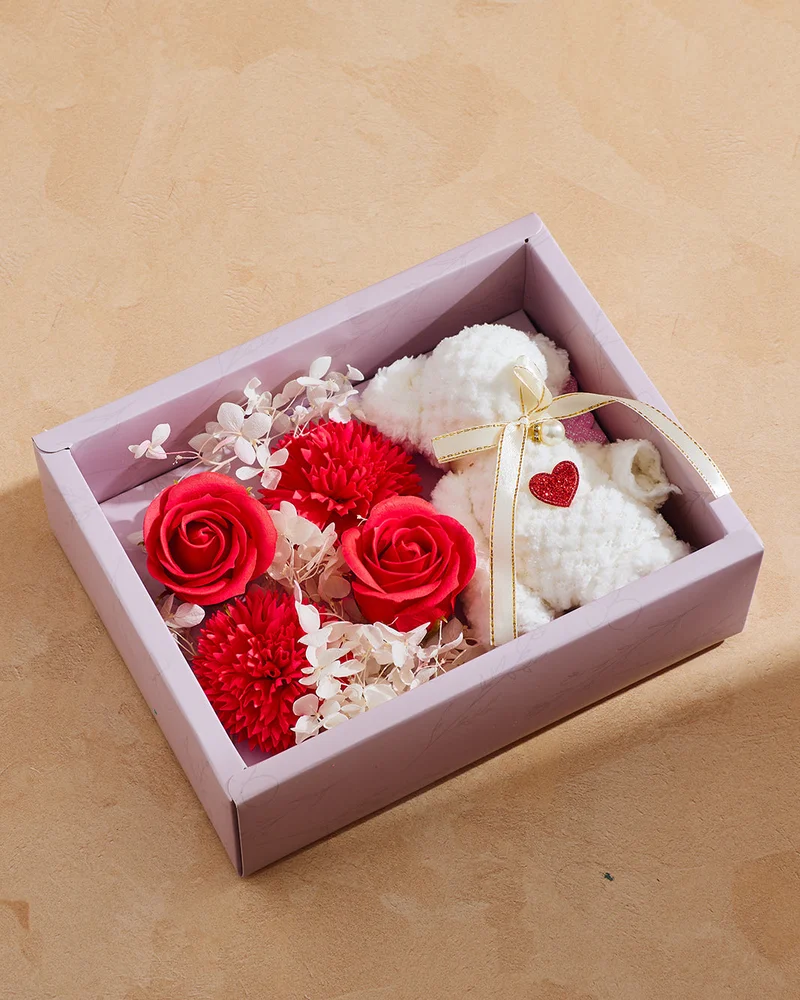REDTAG Red and Beige Artificial Flower With Teddy Gift Box