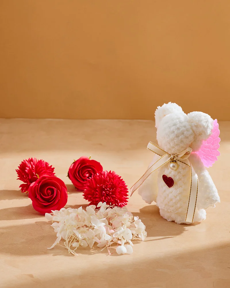 REDTAG Red and Beige Artificial Flower With Teddy Gift Box