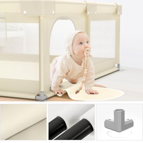 ZEEBABA Beige Baby Playpen 59x59 in, Playpen for Babies and Toddlers, Play Pen for Kids, Play Yard for Infants with Gate (Without mat) - Image 3