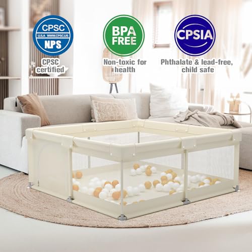 ZEEBABA Beige Baby Playpen 59x59 in, Playpen for Babies and Toddlers, Play Pen for Kids, Play Yard for Infants with Gate (Without mat) - Image 2
