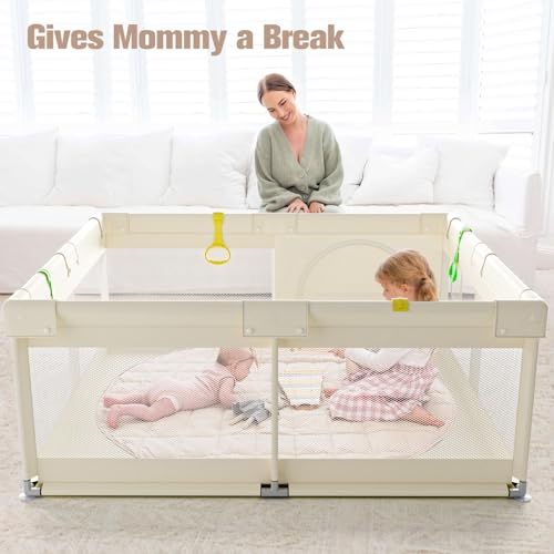 ZEEBABA Beige Baby Playpen 59x59 in, Playpen for Babies and Toddlers, Play Pen for Kids, Play Yard for Infants with Gate (Without mat) - Image 5
