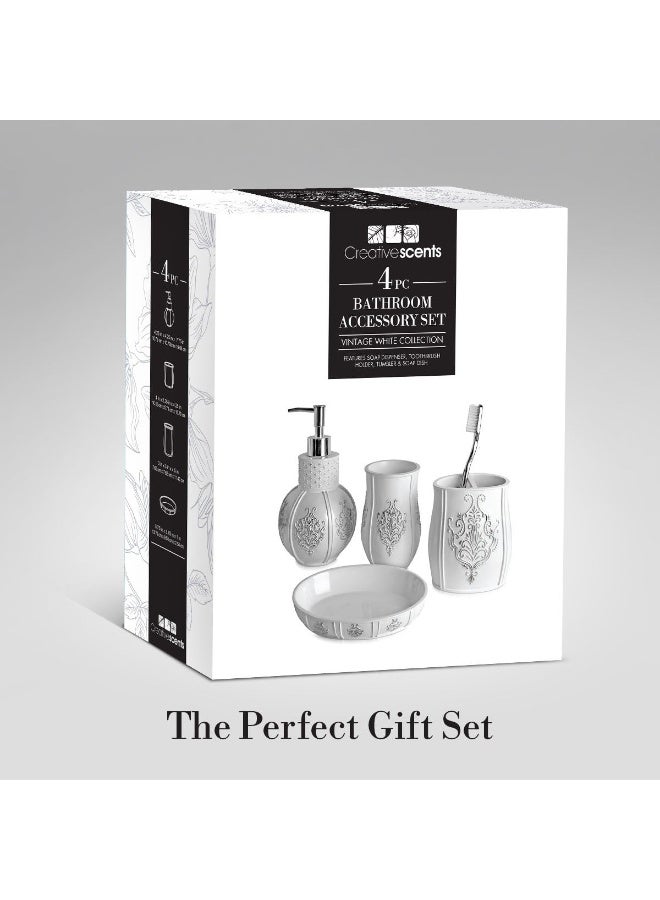 Creative Scents Vintage White Bathroom Accessories Set  4 Piece Bathroom Set  Farmhouse French Country Bathroom Accessory Set Features Soap Dispenser Toothbrush Holder Tumbler  Soap Dish - Image 4
