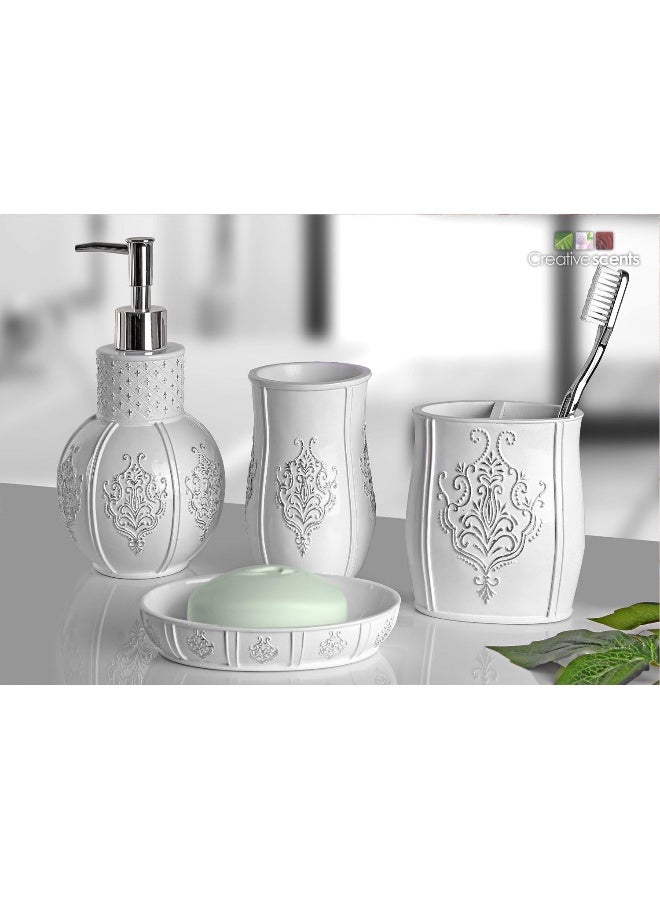 Creative Scents Vintage White Bathroom Accessories Set  4 Piece Bathroom Set  Farmhouse French Country Bathroom Accessory Set Features Soap Dispenser Toothbrush Holder Tumbler  Soap Dish - Image 3