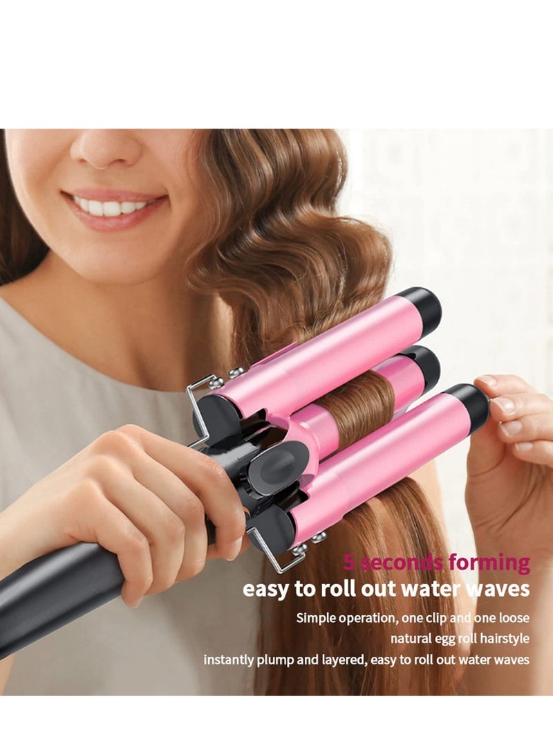 3 Barrel Curling Iron,1 inch Triple Three Barrel Hair Waver Mermaid Beach Waves Curling Wand Ceramic Tourmaline Temperature Adjustable Curler Irons,Hair Crimper Fast Heating Curling Wand (Pink) - Image 4