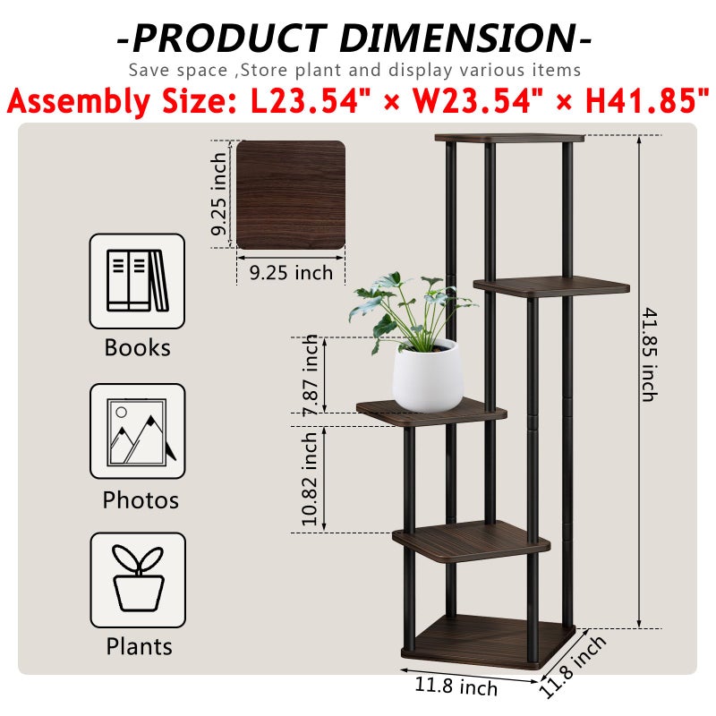 AZERPIAN Plant Stand 5 Tier Indoor Metal Flower Shelf for Multiple Plants Corner Tall Flower Holders for Patio Garden Living Room Balcony Bedroom, Black Oak (5 Tier-Black Oak) - Image 4
