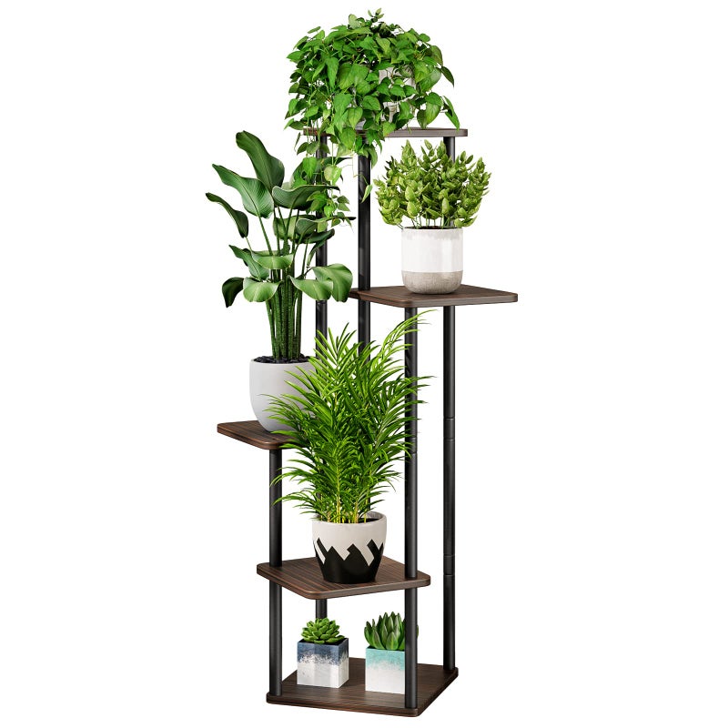 AZERPIAN Plant Stand 5 Tier Indoor Metal Flower Shelf for Multiple Plants Corner Tall Flower Holders for Patio Garden Living Room Balcony Bedroom, Black Oak (5 Tier-Black Oak) - Image 1