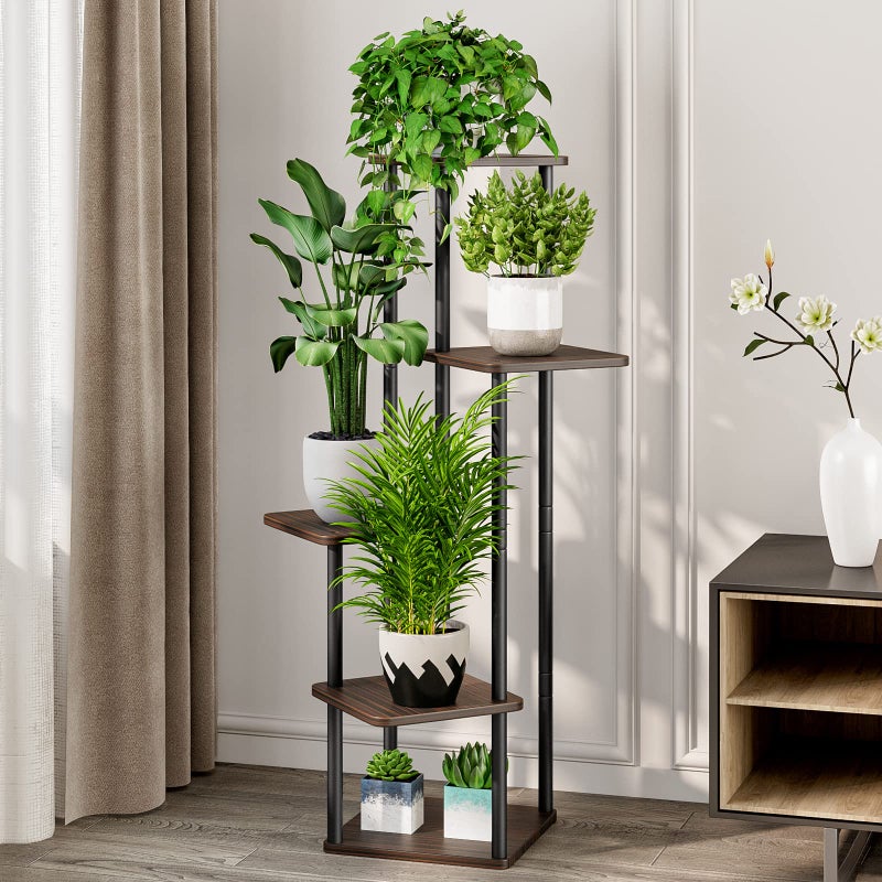 AZERPIAN Plant Stand 5 Tier Indoor Metal Flower Shelf for Multiple Plants Corner Tall Flower Holders for Patio Garden Living Room Balcony Bedroom, Black Oak (5 Tier-Black Oak) - Image 2