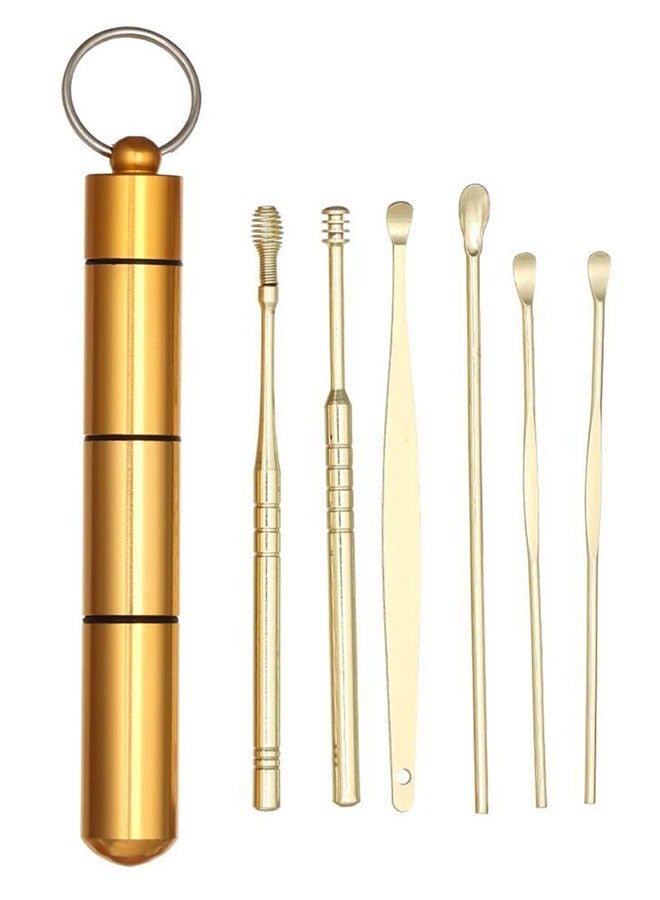 Generic Ear Cleaner kit Earwax Removal Set 6Pcs Stainless Steel Ear wax Removal Tool set Reusable Ear Pick Tools Set with Storage Box(Gold)  - Image 1