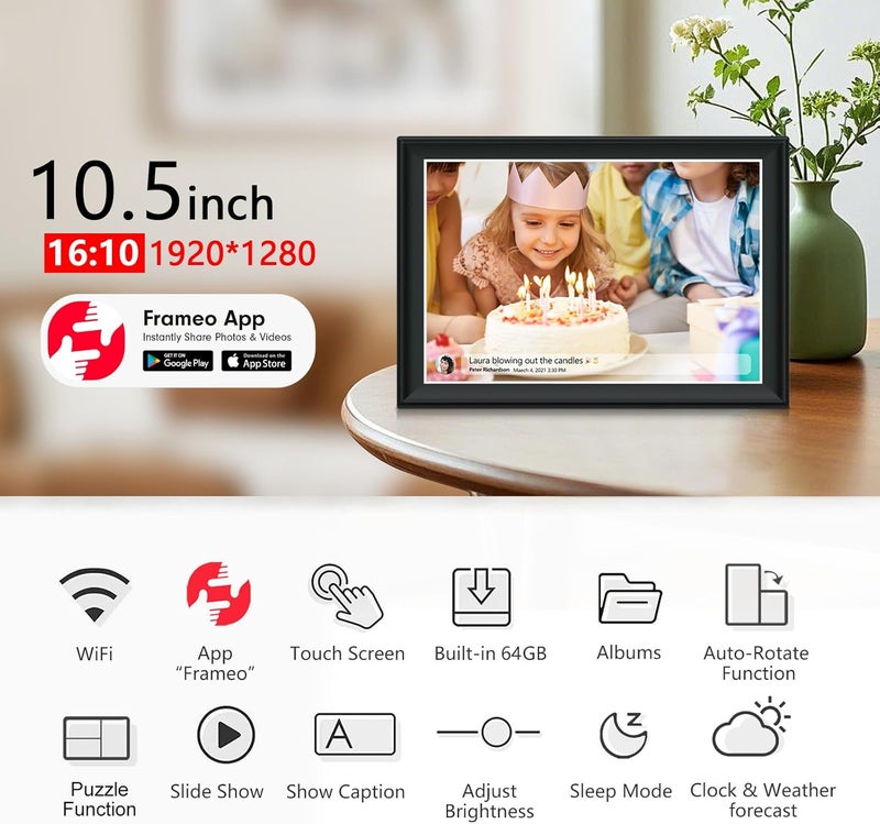 إطار الصور الرقمي الذكي FRAMEO بسعة 64 جيجابايت وشاشة 10.5 بوصة IPS LCD تعمل باللمس بدقة 1920x1280 FHD، دوران تلقائي، سعة تخزين 64 جيجابايت، يدعم بطاقة SD ومحرك USB، شارك اللحظات فورًا عبر تطبيق Frameo من أي مكان - Image 2