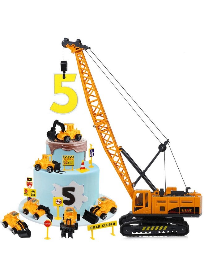 RAYNAG 16 Pieces Construction Cake Topper Construction Birthday Party Supplies Vehicles Cake Decorations Construction Party Decorations with Large Crane, Traffic Road Sign, Excavator for Kids Boys - Image 1