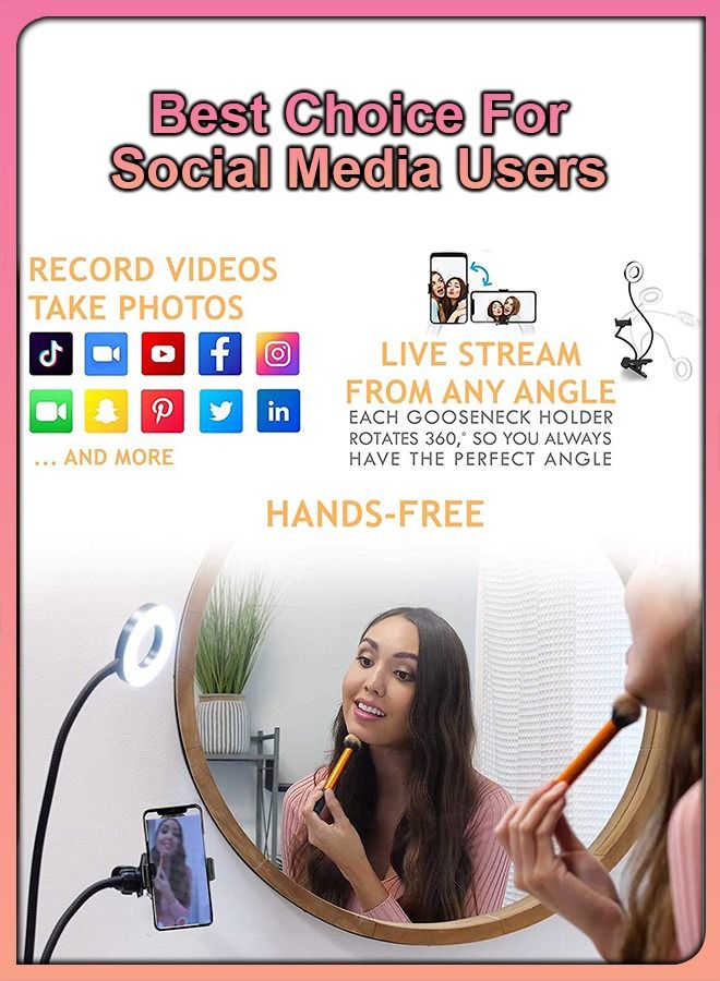 Professional Gooseneck LED Desk Lamp Selfie Ring Light And Cell Phone Mobile Webcam Holder Stand for Live Stream Makeup Tik Tok Vlog YouTube and Video Recording On Table 