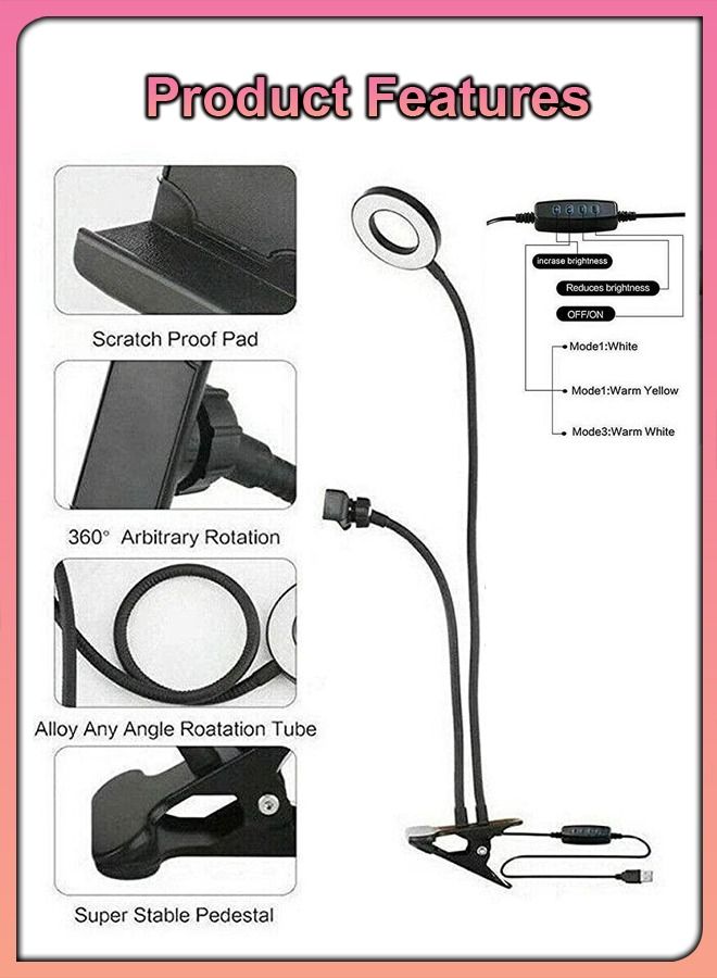 Professional Gooseneck LED Desk Lamp Selfie Ring Light And Cell Phone Mobile Webcam Holder Stand for Live Stream Makeup Tik Tok Vlog YouTube and Video Recording On Table 