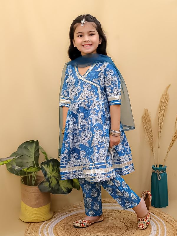 superminis Girls Cotton Floral Printed Angrakha Gotta Patti Kurti Pant Set with Net Dupatta (6-7 Years, Blue) - Image 4