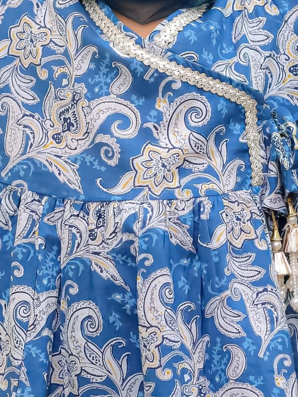 superminis Girls Cotton Floral Printed Angrakha Gotta Patti Kurti Pant Set with Net Dupatta (6-7 Years, Blue) - Image 5