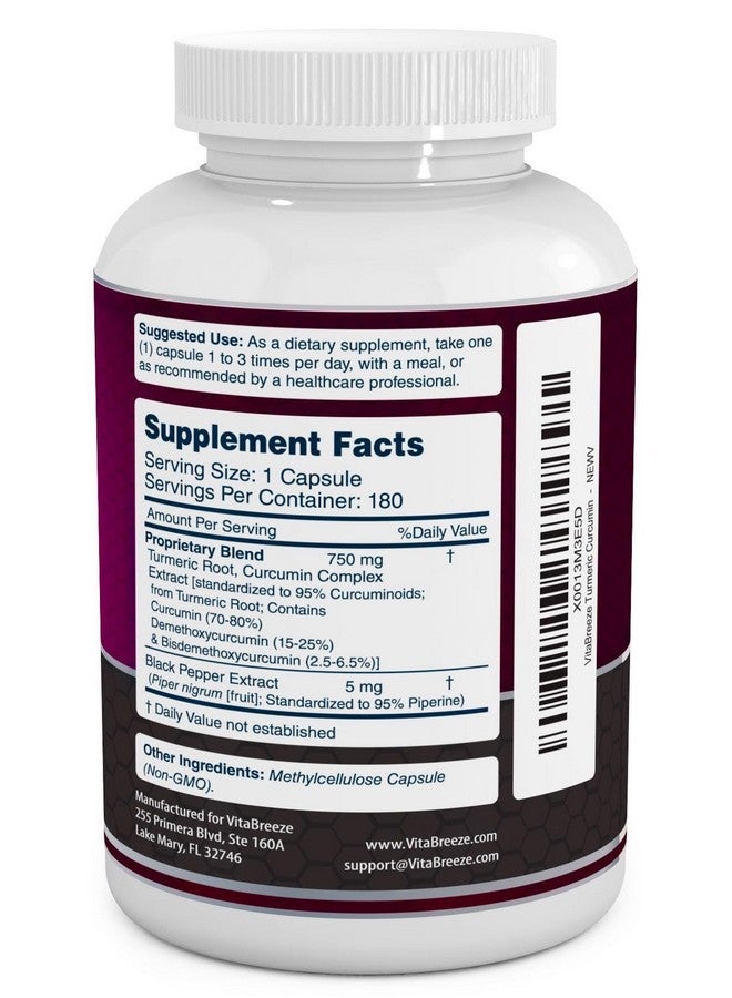 VitaBreeze Turmeric Curcumin Complex with Black Pepper Extract - 755mg per Capsule, 180 Veg. Caps - Contains Piperine (for Superior Absorption and Tumeric Bio-Availability) and 95% Standardized Curcuminoids  - Image 2