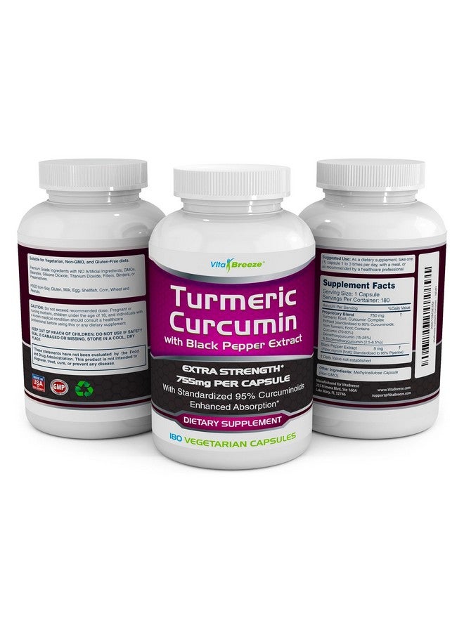 VitaBreeze Turmeric Curcumin Complex with Black Pepper Extract - 755mg per Capsule, 180 Veg. Caps - Contains Piperine (for Superior Absorption and Tumeric Bio-Availability) and 95% Standardized Curcuminoids  - Image 4